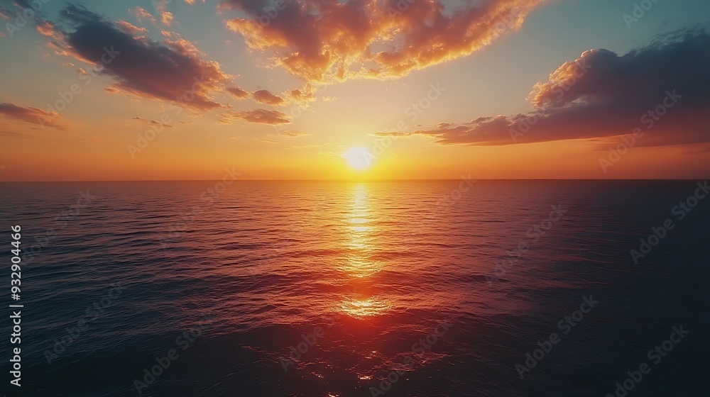 Aufkleber Witness the ethereal blend of sea and sky at sunset from a mesmerizing aerial perspective captured by a drones lens Flight over the ocean Ocean loop video background : Generative AI