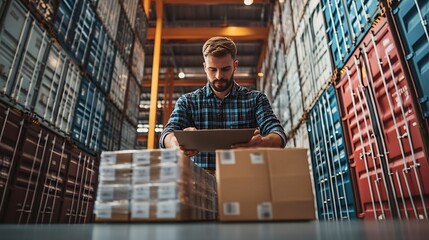 Business man arranging stack of freight containers on his table in office Logistics freight transportation and trading worldwide Imports export and international distribution concept : Generative AI