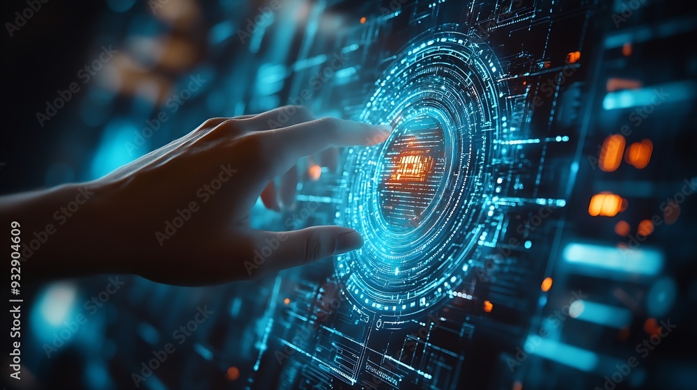 Fototapete Cyber security and data protection on internet Person touching virtual shield secure access encrypted connection Password protected system and storage Cybersecurity technology : Generative AI