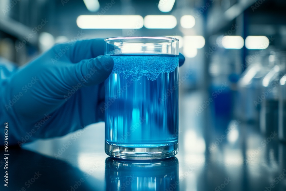 Poster scientist handling a beaker with blue liquid in a high tech laboratory symbolizing the integration o