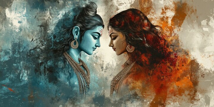 Abstract Trash Art Illustration of Lord Shiva and Goddess Parvati: AI-Generated Cultural Marketing Design. Minimalist Composition with Elegant Gradients for Indian Mythology-Inspired UI, Web Posters, 