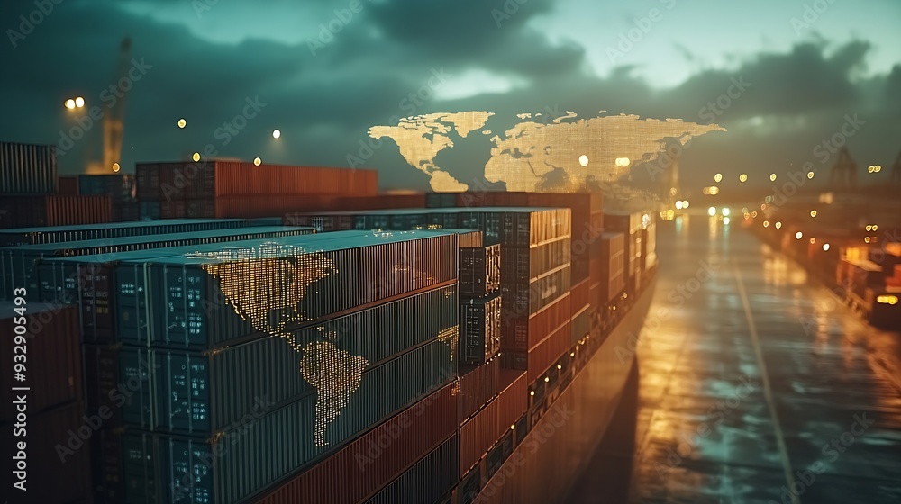 Poster World map with logistic network distribution on background Logistic and transport concept in front Container Cargo freight ship for Concept of fast or instant shipping Online goods ord : Generative AI