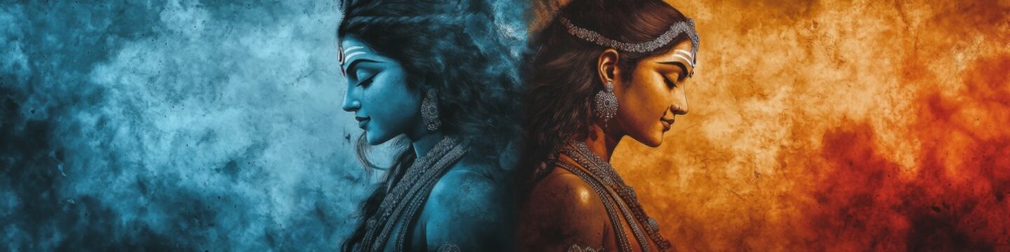 Abstract Trash Art Illustration of Lord Shiva and Goddess Parvati: AI-Generated Cultural Marketing Design. Minimalist Composition with Elegant Gradients for Indian Mythology-Inspired UI, Web Posters, 