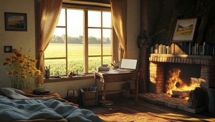 Cozy rustic room with fireplace, bed, and a view.