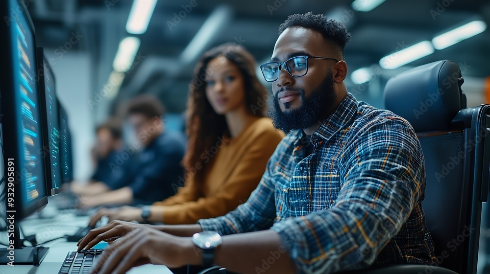 Fototapete Person with disability next to multiracial coworkers in data center coding on computer Wheelchair user and multiethnic team working together doing programming overseeing server cluster : Generative AI