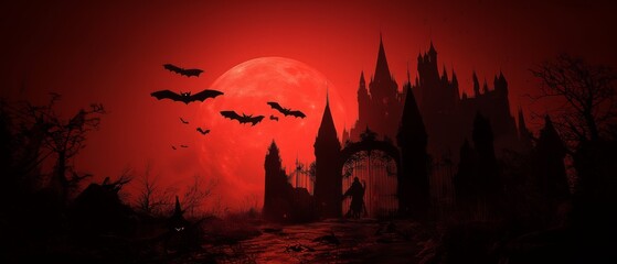 Spooky Gothic Castle with Full Moon and Flying Bats in Red Night Sky, Perfect for Halloween Themes and Horror Stories