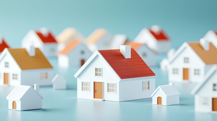 Cluster of 3D houses with a focus on one, sales demand visualization in minimalist design