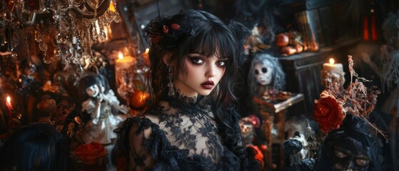 Gothic-Themed Portrait of a Woman in Black Lace Dress Surrounded by Vintage Dolls with Halloween 