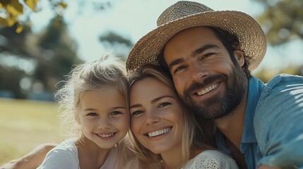 Fototapeta premium Happy cheerful caucasian white family including father mother son and daughter relaxing together at the public park in morning Cheerful family with children going out for picnic at th : Generative AI
