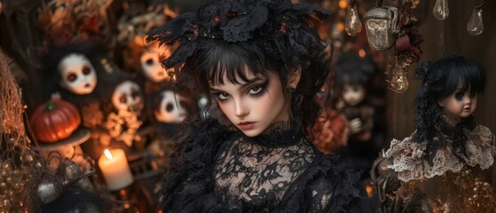 Gothic Girl in Black Lace Dress Surrounded by Vintage Dolls and Halloween Decorations in Dimly Lit Room