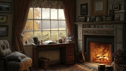 A cozy room with a fireplace, a window, and a