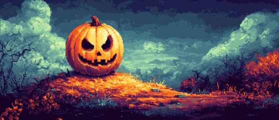 Spooky Halloween Pumpkin on Hilltop with Dark Cloudy Sky in Pixel Art Style