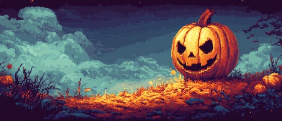 Spooky Halloween Pumpkin in a Dark Night Landscape with Glowing Eyes  in Pixel Art Style