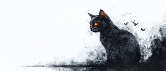 Mysterious Black Cat with Glowing Eyes and Flying Bats in a Dark, Smoky Background - Perfect for Halloween Themes