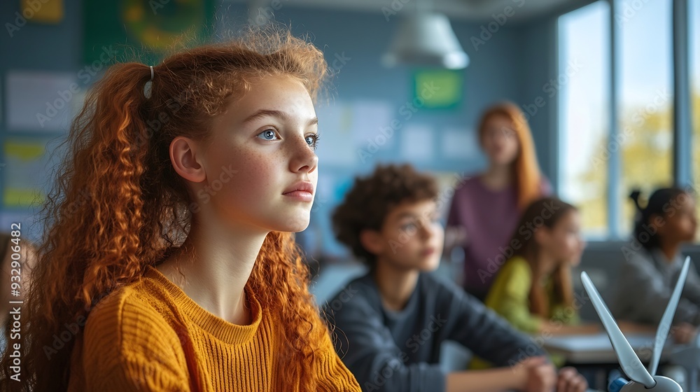 Poster Secondary Or High School Students Studying Wind Turbines In Science Class With Teacher In Background : Generative AI