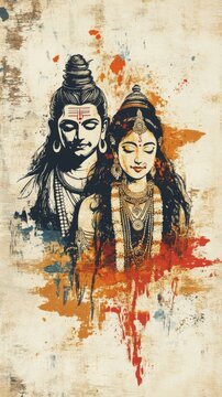 Abstract Trash Art Illustration of Lord Shiva and Goddess Parvati: AI-Generated Cultural Marketing Design. Minimalist Composition with Elegant Gradients for Indian Mythology-Inspired UI, Web Posters, 