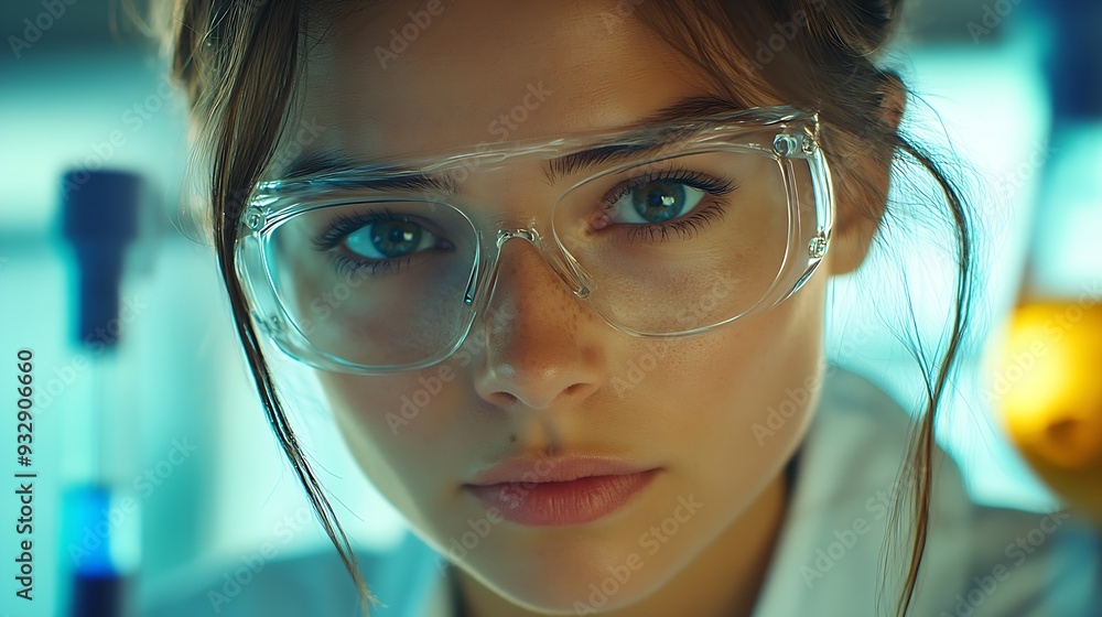 Aufkleber Concentrated woman scientist chemist works with liquids in beaker in science laboratory : Generative AI