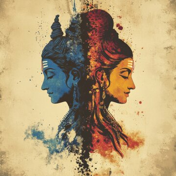 Abstract Trash Art Illustration of Lord Shiva and Goddess Parvati: AI-Generated Cultural Marketing Design. Minimalist Composition with Elegant Gradients for Indian Mythology-Inspired UI, Web Posters, 