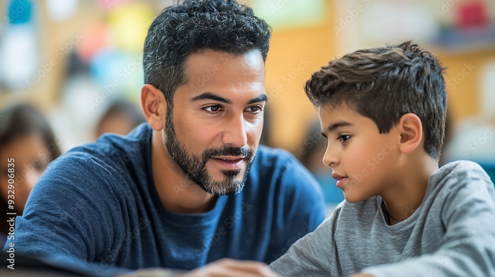 Poster teacher helping latin boy with assignment in elementary school classroom support scholarship and edu