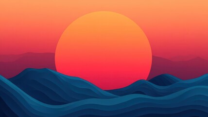 Abstract sunset over a wavy landscape in vibrant colors.