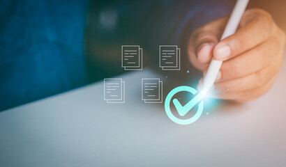 Businessman with guarantee check for client service, Client's service and guarantee check mark in business automation, business automation, quality management, online shopping, and financial ecosystem
