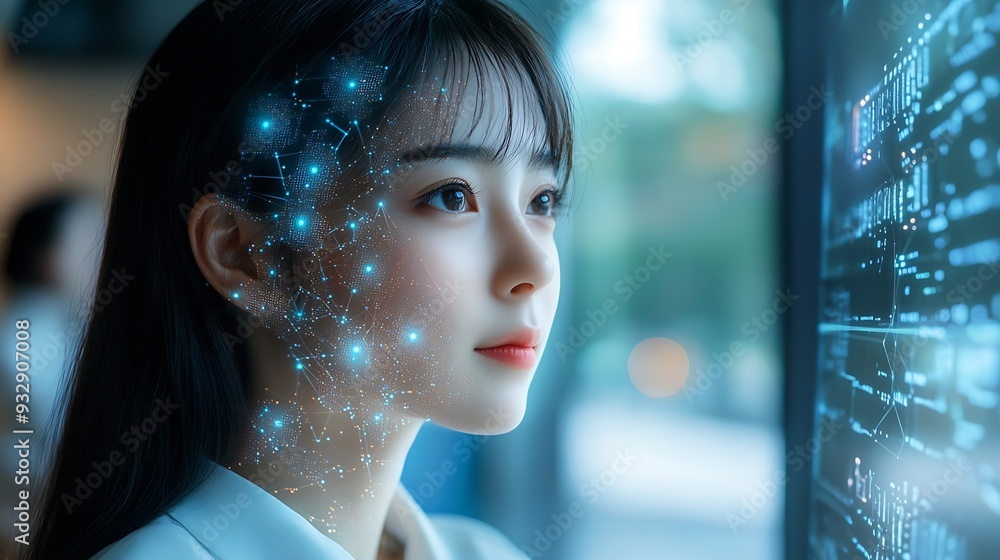 Aufkleber Education technology and AI Artificial Intelligence concept Women use laptops Learn lessons and online webinars successfully in modern digital learning  Courses to develop new skills : Generative AI