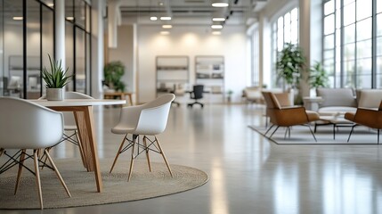 Obraz premium Abstract blurred image of modern Open space office with white interior concept full furniture for background design concept : Generative AI