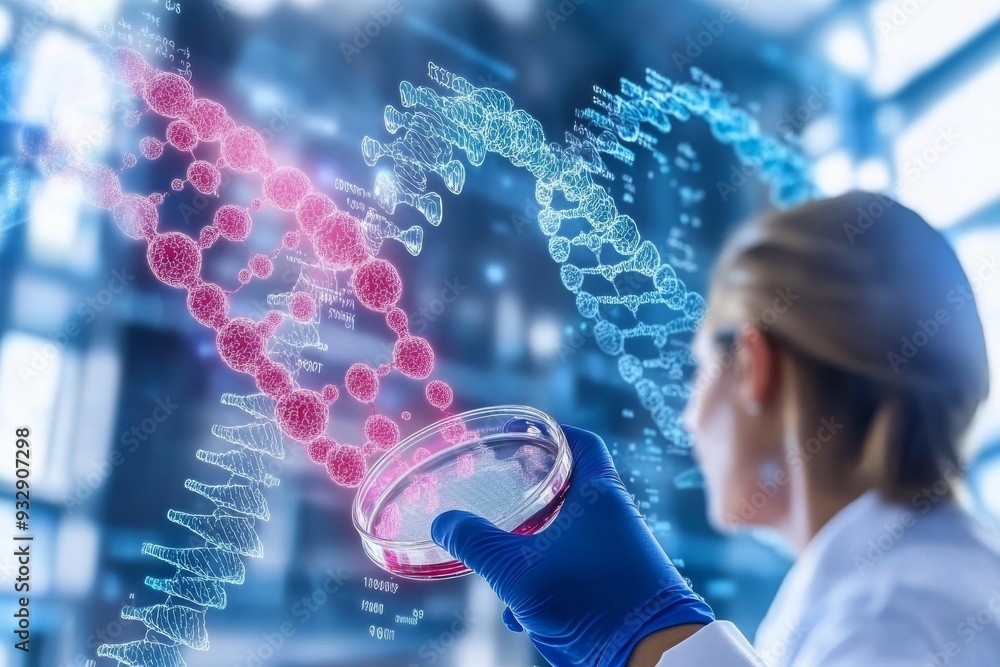 Poster female scientist examining a digital representation of molecular structures symbolizing the integrat