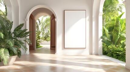 Fototapeta premium Sunlit Mediterranean Villa with Whitewashed Walls Terracotta Tiles and Lush Greenery Framed by Arched Doorways A Mockup of a White Background Frame Inside a Cozy and Inviting Interior Design