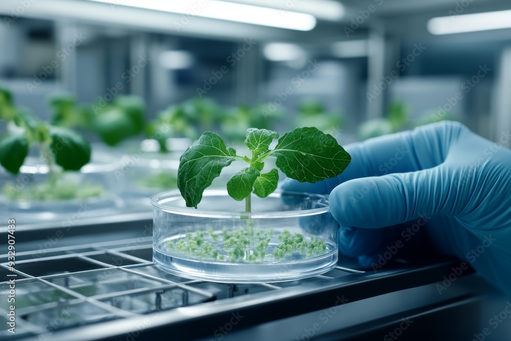 Poster scientist examining plant samples in a laboratory symbolizing the integration of botany biotechnolog
