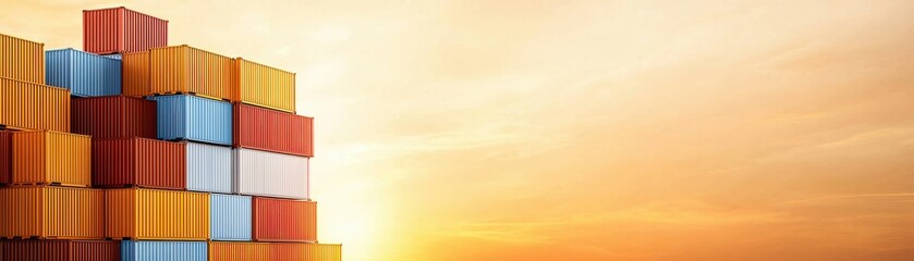 Colorful shipping containers stacked against a sunset background, symbolizing global trade and commerce.