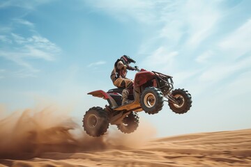 Fototapeta premium Rider doing wheelie on quad bike in desert against sky viewed from side
