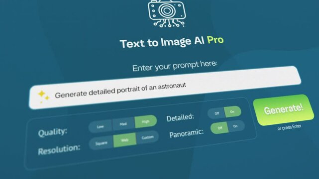 User interface of AI video generator. Artificial intelligence assistant generate detailed high-quality video: Astronaut on Mars colony. Advanced text to video technology. Futuristic generated video.