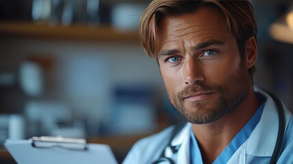 Fototapeta premium portrait of handsome male doctor in scrubs er doctor examining patient reading medical test lab results in clipboard-standard-scale-_x.jpeg
