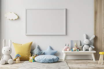 A whimsical colorful bedroom furniture interior blank wall photo frame mockup in a child toy elements, 3d render