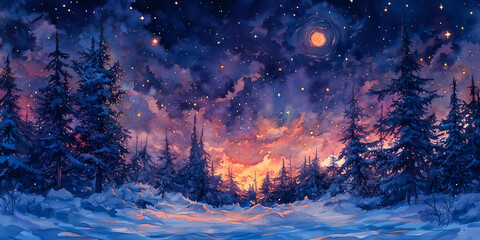 Fototapeta premium Winter landscape with purple pine tree and mountains covered in snow stars sky. Snowy fir forest beautiful nature scenery. Christmas night, new year greeting card background watercolor art