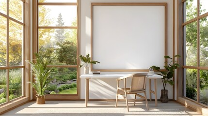 Tranquil Shaker Style Home Office with Serene Garden View Depicted in a of a White Background Frame Overlooking a Peaceful Workspace with Natural Textures and Zen Inspired Aesthetic