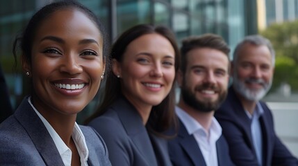 Fototapeta premium Cheerful smiling team of diverse business people in formal suit looking confident at camera with positive faces gathered outside the work building Happy corporate work team posing for : Generative AI