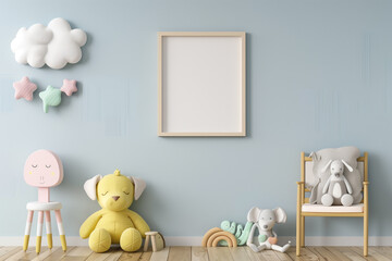 A whimsical colorful house bedroom furniture interior blank photo frame mockup in a child toy elements, 3d render