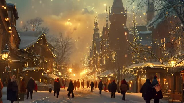 A cute bunny rabbit sits in a green meadow and looks longingly at a basket full of colorful Easter eggs A charming cityscape with twinkling lights and a bustling market square