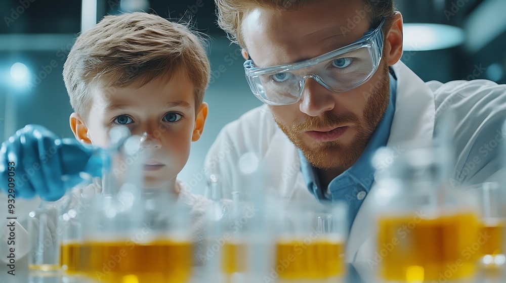 Aufkleber Teacher support schoolboy in laboratory Schoolboy and teacher stand and experiment about science of chemistry in STEM class using liquid in glass container Instructor mixing solution E : Generative AI