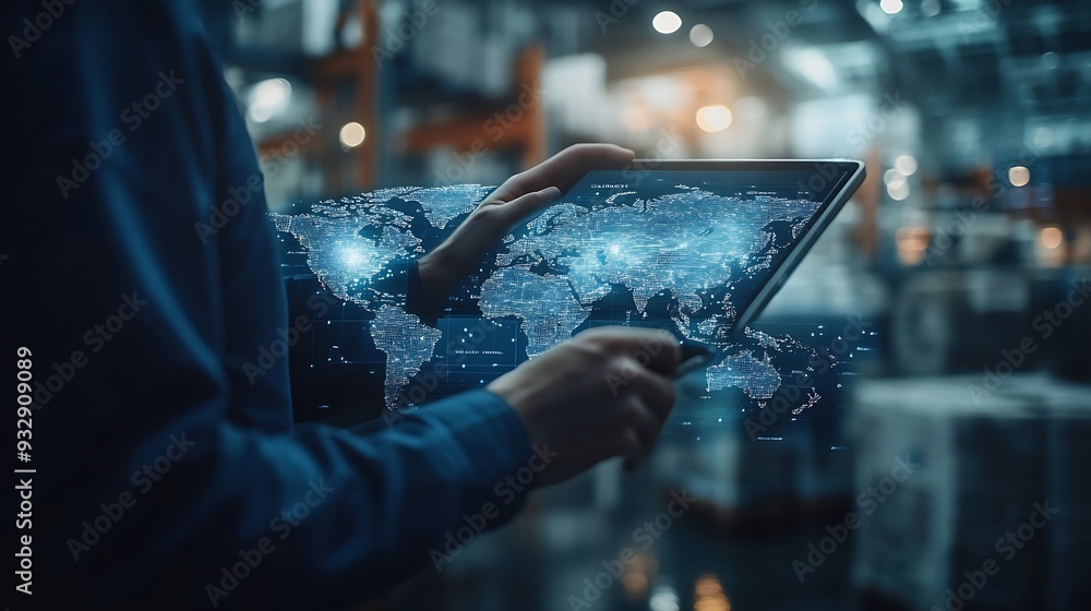 Poster Multiple exposures of Businessman touching tablet for analyze stock at logistics port and world map with logistic network distribution : Generative AI