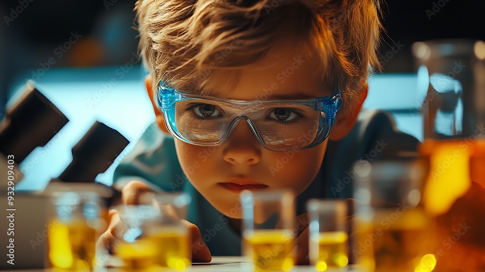 Aufkleber little scientist looking through a microscope and test tubes filled with chemicals for learning about science and experiments : Generative AI