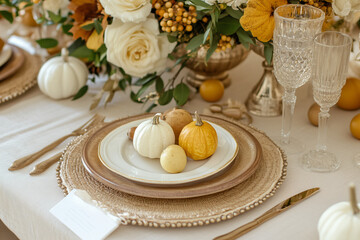 Thanksgiving Table Setting with Autumnal Decor and Earthy Colors in Rich Brown, Golden Yellow, and Warm Beige