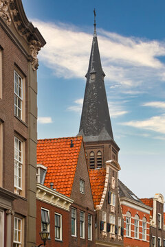 The quaint Dutch village of Monnickendam with the tower of the Grote Kerk (St. Nicolaaskerk) church in the background.