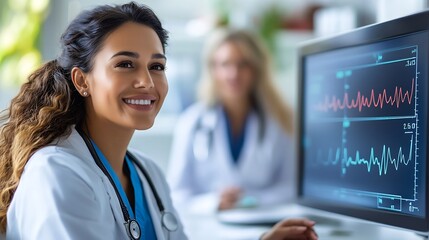 Image of heart rate monitor over diverse female doctor and healthworker discussing at hospital Medical healthcare and research science technology concept : Generative AI