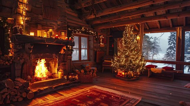 A warm and inviting cabin room with rustic furniture, soft lighting, and a cozy atmosphere perfect for relaxation
 Seamless looping 4k time-lapse virtual video animation Generated AI