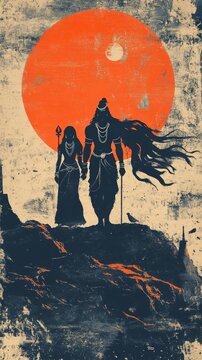 Creative Maha Shivratri Abstract: Lord Shiva and Parvati in Trash Art Style. AI-Generated Cultural Illustration for Marketing, Faith, and Indian Traditions. Minimalist Composition with Elegant Gradien
