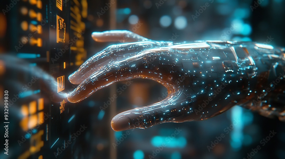 Poster Chat with AI or Artificial Intelligence technology Man touching chatting virtual with an intelligent artificial intelligence asks for answers he wants Smart assistant futuristic Chatbo : Generative AI