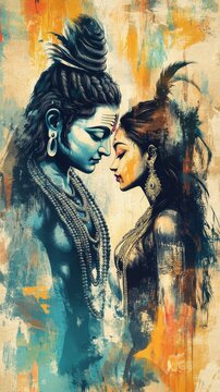 Creative Maha Shivratri Abstract: Lord Shiva and Parvati in Trash Art Style. AI-Generated Cultural Illustration for Marketing, Faith, and Indian Traditions. Minimalist Composition with Elegant Gradien